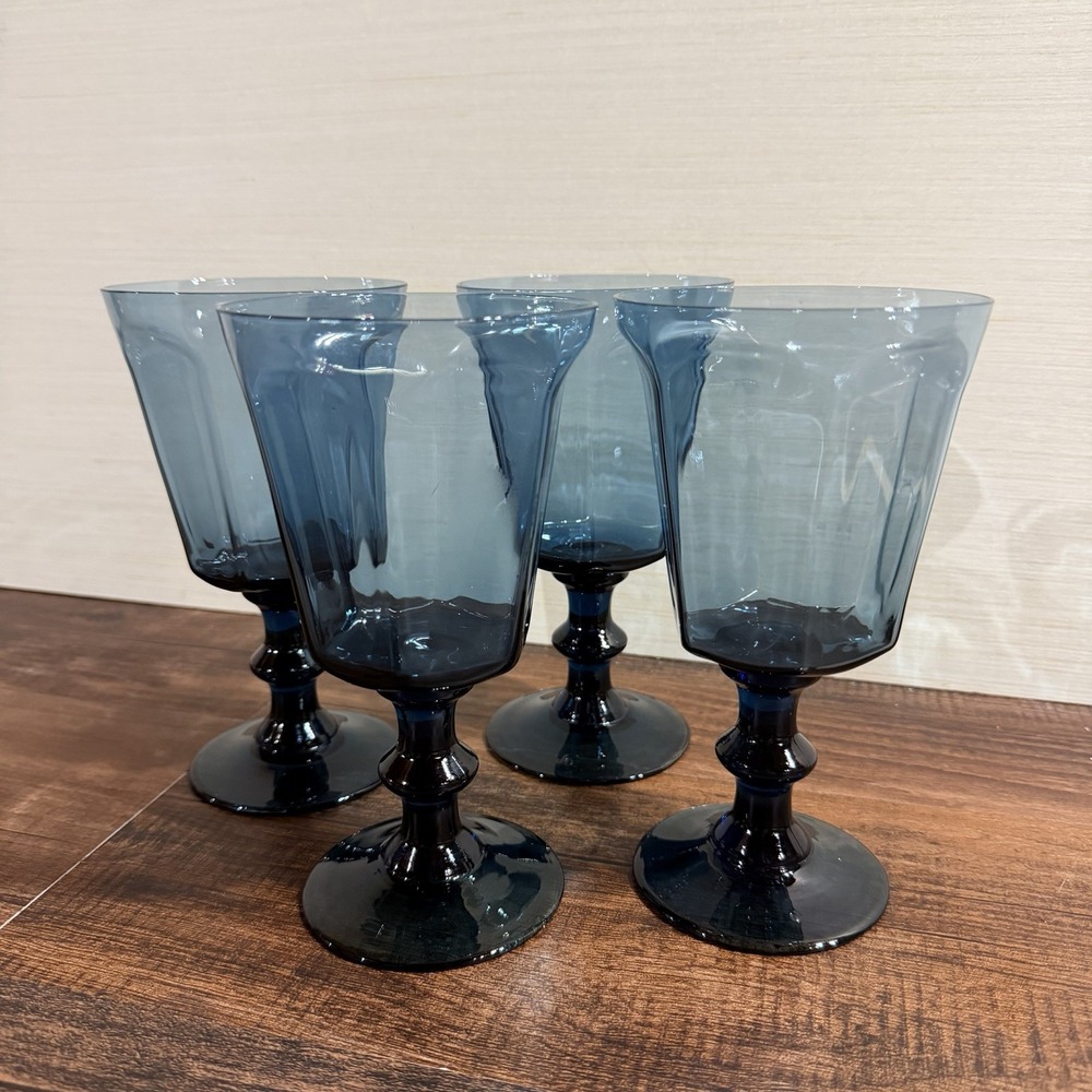 4 Lenox Antique Dark Blue Water Glass Goblet 6 3/4" Tall Vintage 70s-80s
